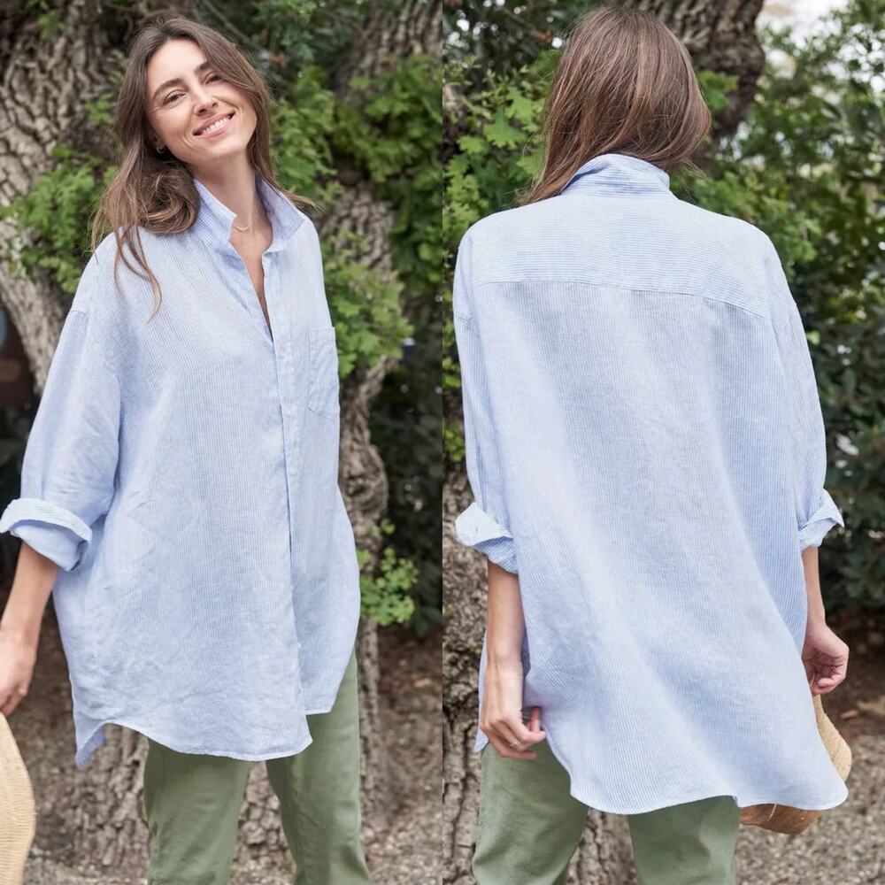 Frank & Eileen Mackenzie 100% Linen Button-Up Shirt Blue White Striped Shirt
